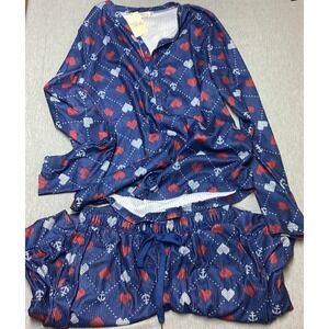 Women's Pajama Set Size Small 2 Piece Valentines Hearts & Anchors Navy Blue